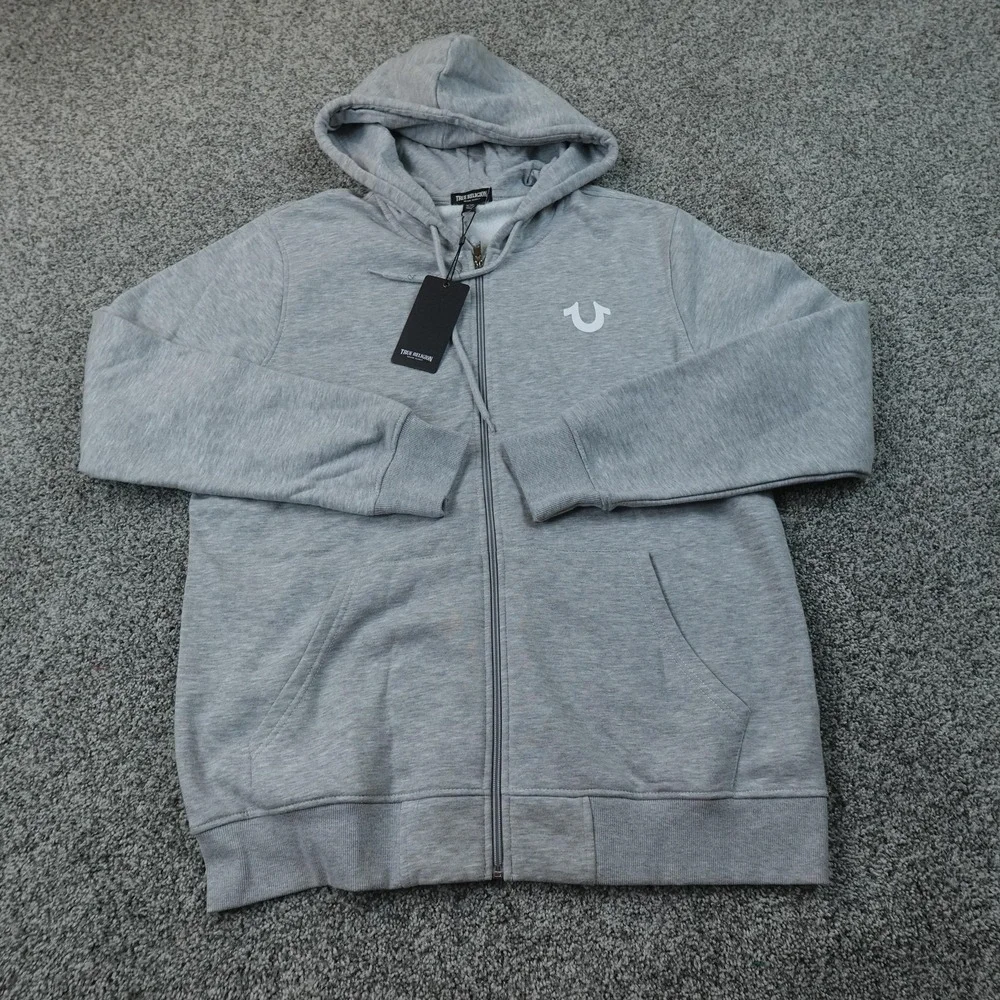 NEW True Religion Hoodie Mens XL Gray Full Zip Fleece Sweatshirt Buddha Jacket